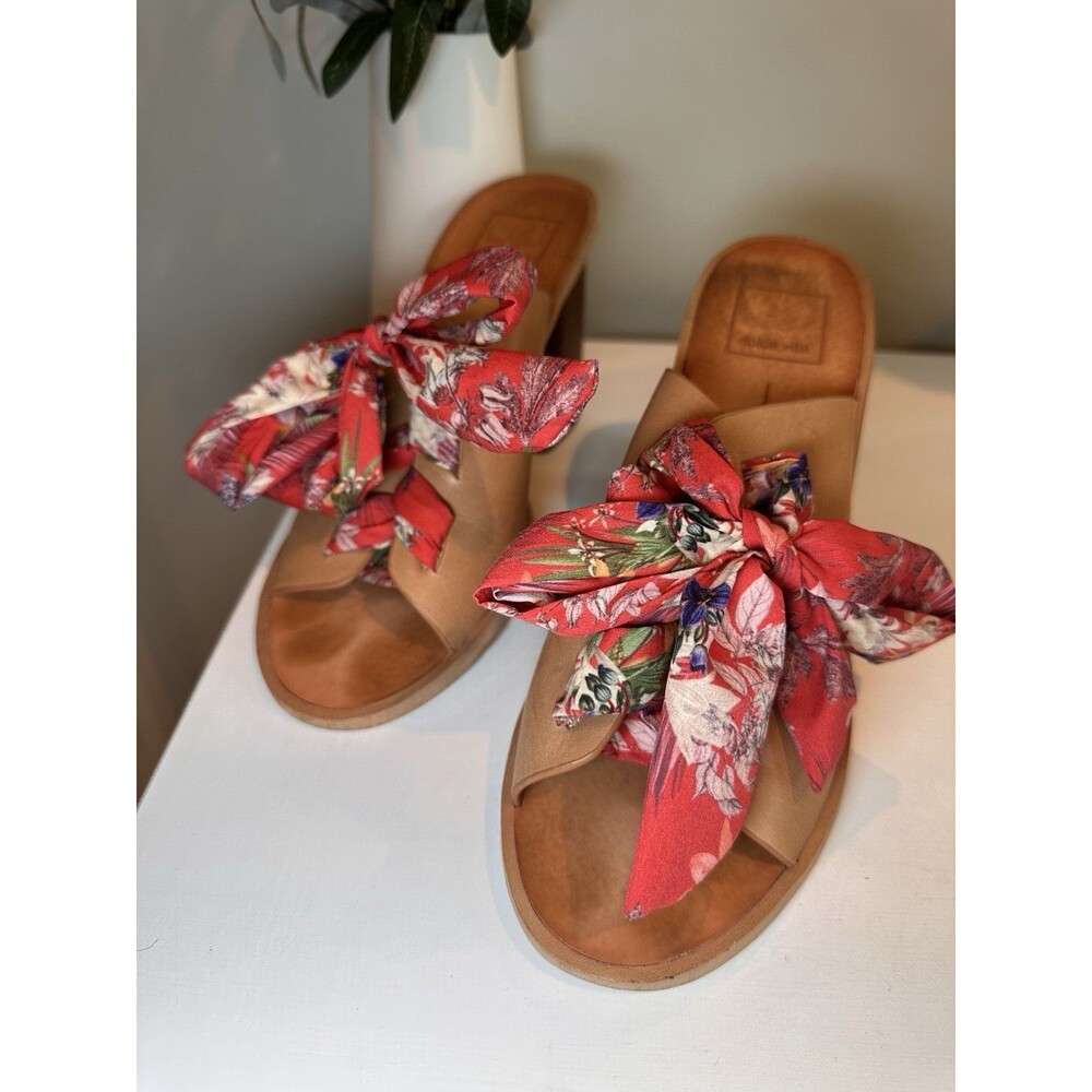 Dolce Vita Aleeya Tan Leather Red Floral Scarf Bow Block Heel Mules Size 8M